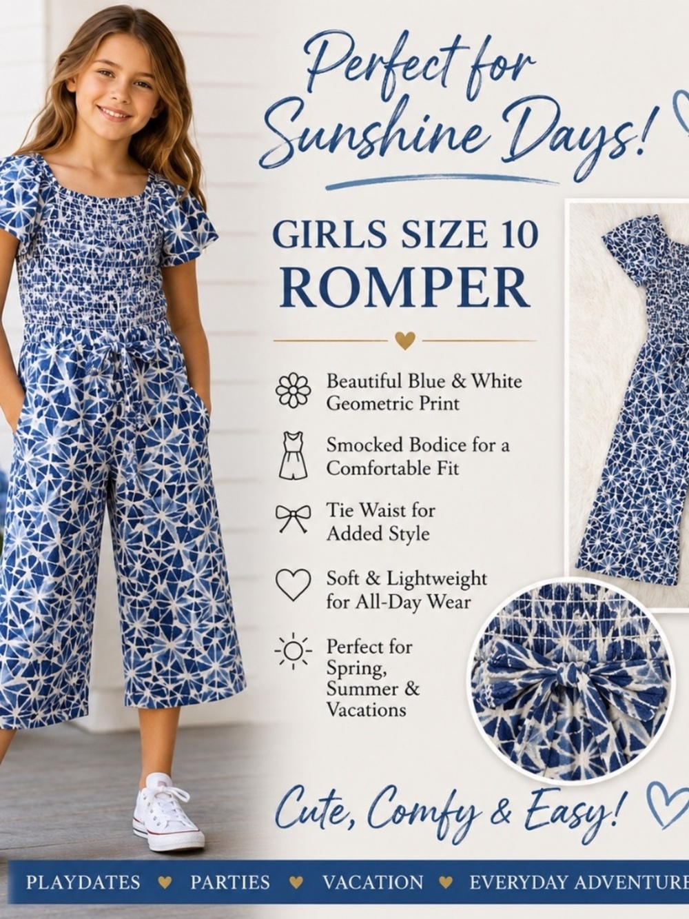 Mango Girls Size 10 Blue & White Smocked Wide Leg Romper Jumpsuit